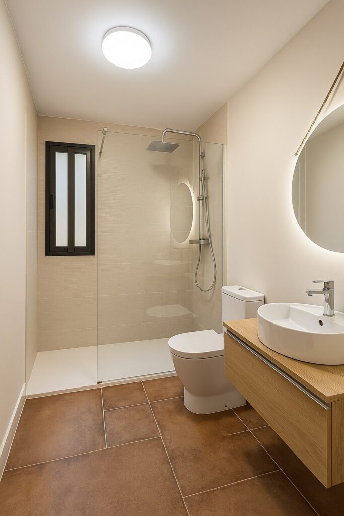 Modernes Badezimmer mit großer Dusche, wandhängendem Waschbecken und Toilette, brauner Fliesenboden und beleuchteter Spiegel an der Wand.