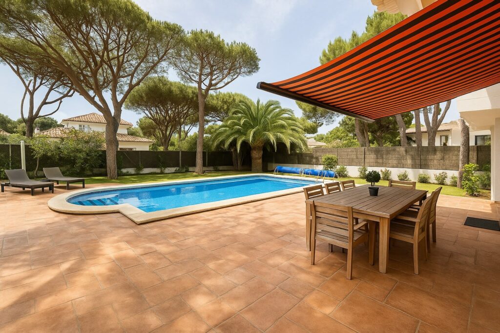Terrasse mit Holzmöbeln und Markise neben einem rechteckigen Pool, umgeben von Bäumen und einem Zaun im Hintergrund, mit Liegestühlen am Poolrand.